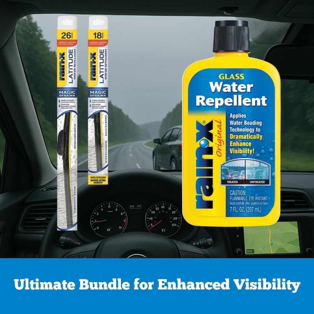 imageRainX Windshield Weather Protection Bundle  26quot ampamp 18quot Latitude 2in1 Water Repellent Wiper Blades 2Pack with 7 oz Glass Treatment