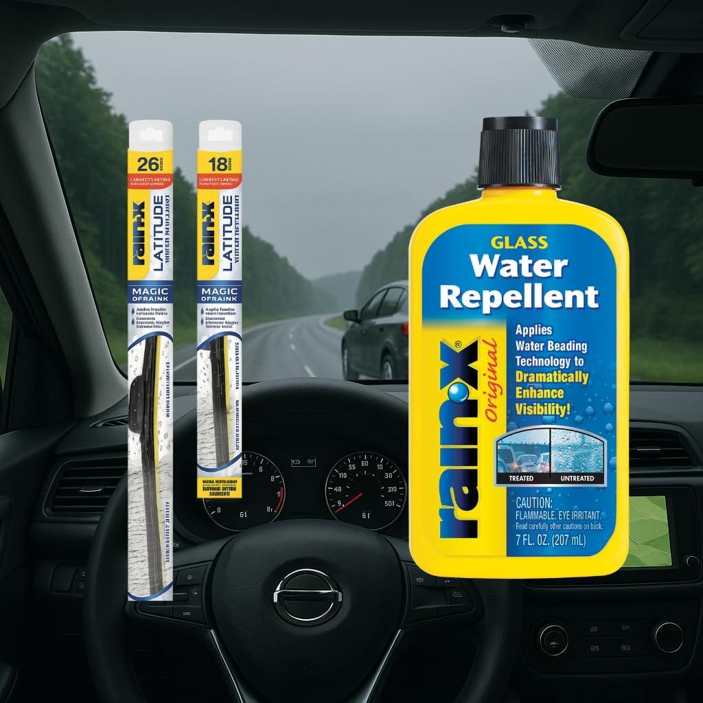 imageRainX Windshield Weather Protection Bundle  26quot ampamp 18quot Latitude 2in1 Water Repellent Wiper Blades 2Pack with 7 oz Glass Treatment